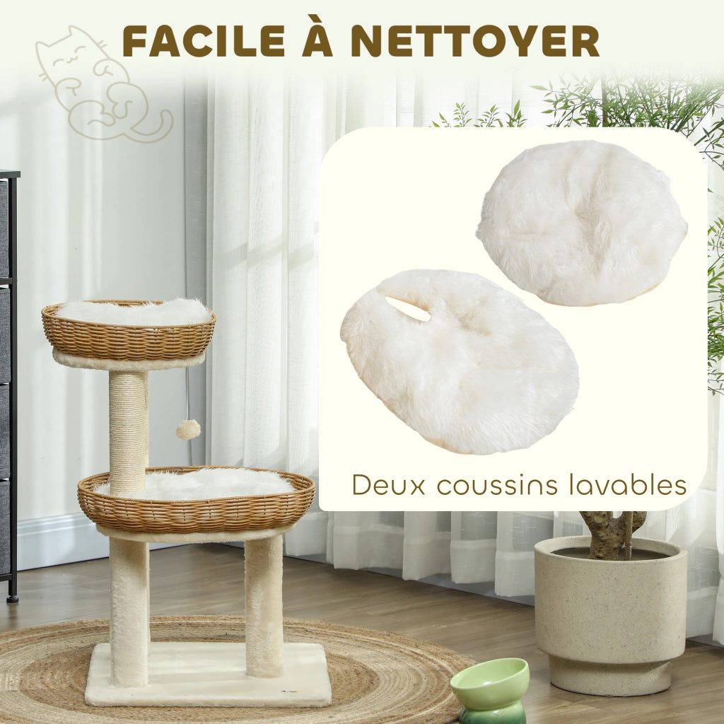Tiragraffi per gatti con due letti in rattan e cuscini lavabili ¨C Xylo ¨C Beige 75,5 cm