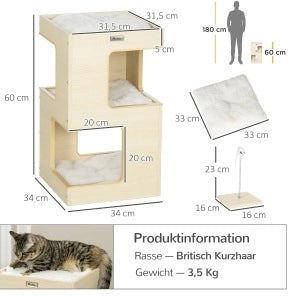 Torre tiragraffi ULEVR per gatti 34x34x60 cm a 3 livelli con cuscini e gioco a forma di topo, rovere