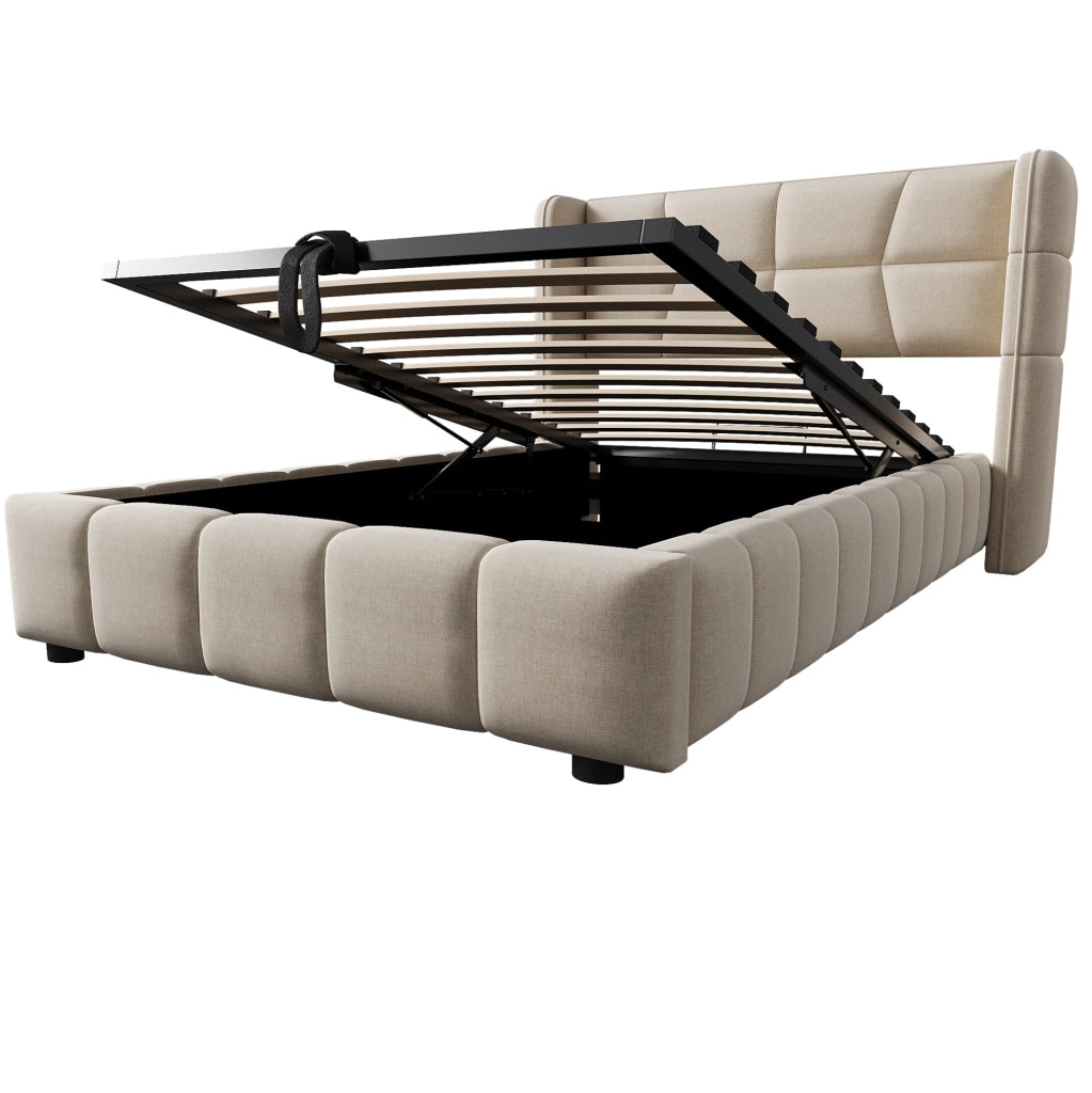 Letto singolo imbottito ULEVR 90x200 cm con vano contenitore sollevabile e testiera, beige