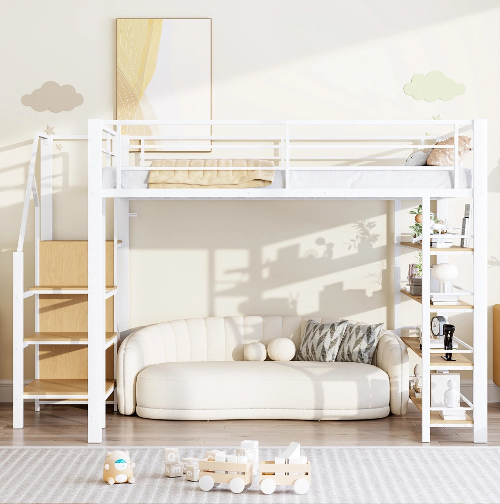 Letto a soppalco 140x200 cm con scala contenitore bianco