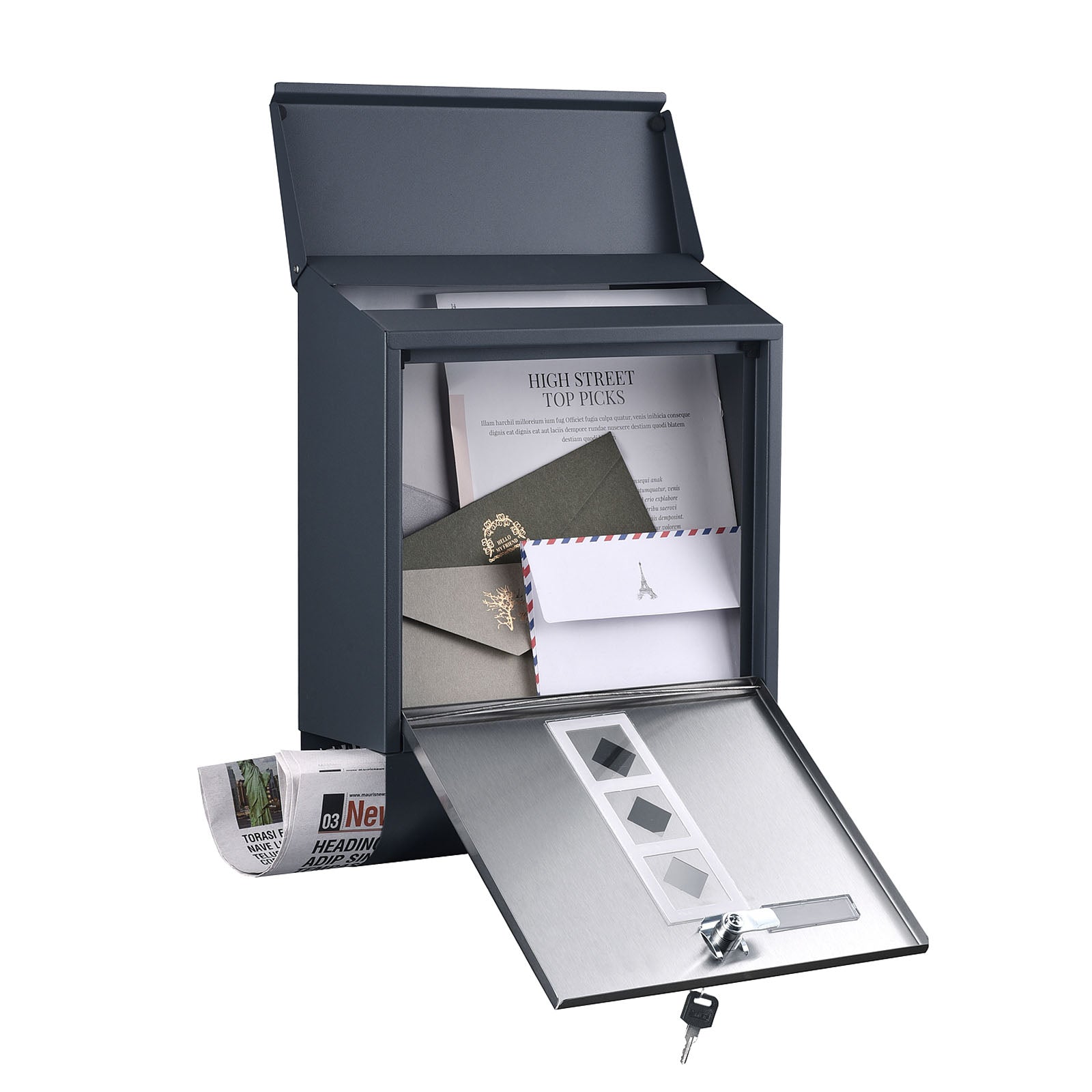 Cassetta postale con vano portagiornale V36 antracite + inox 305 x 105 x 385 mm con vetrino nome