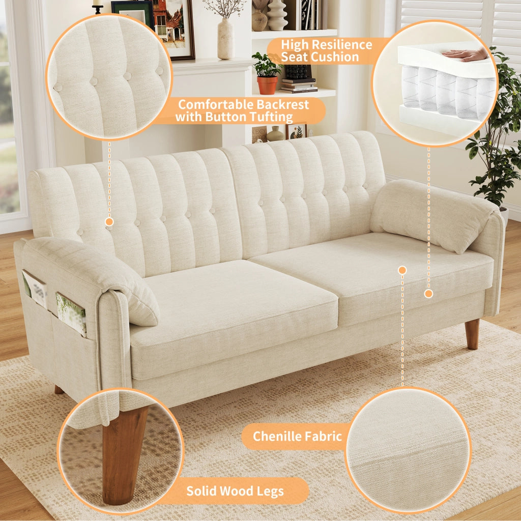 Divano a 2 posti in ciniglia con seduta spessa schienale ergonomico tasche laterali e gambe in legno beige