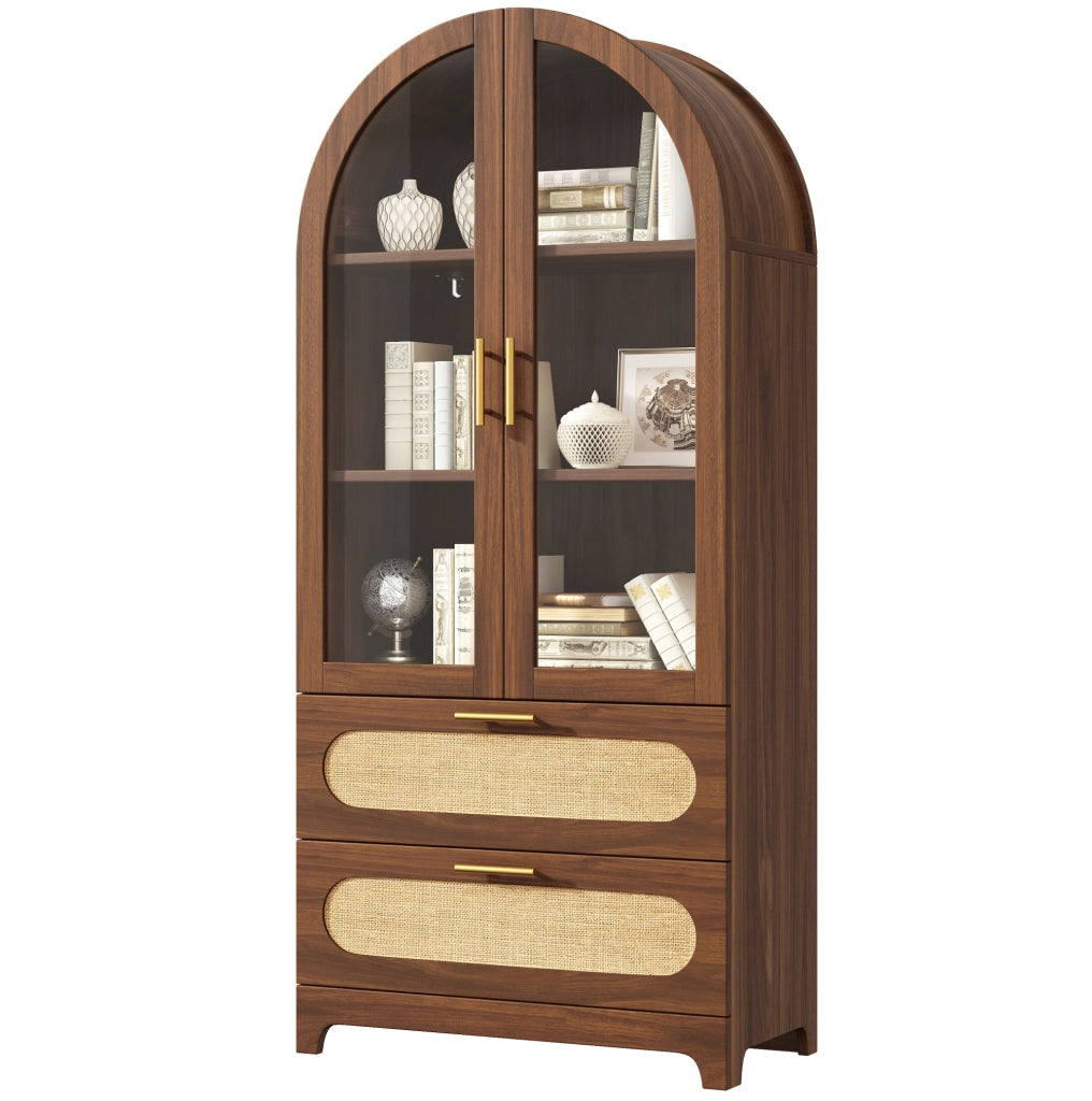 Vetrina Montmartre con arco, 175x80x40 cm, libreria con 2 cassetti regolabili, design retro in noce
