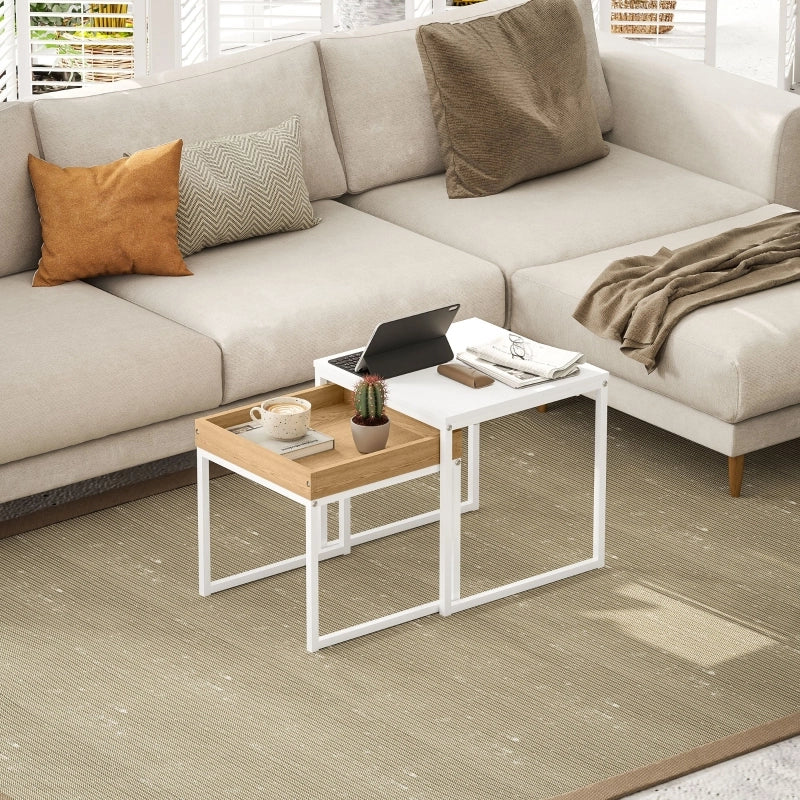 Tavolino da caffè 2 pezzi in MDF e acciaio, bianco, design moderno per soggiorno
