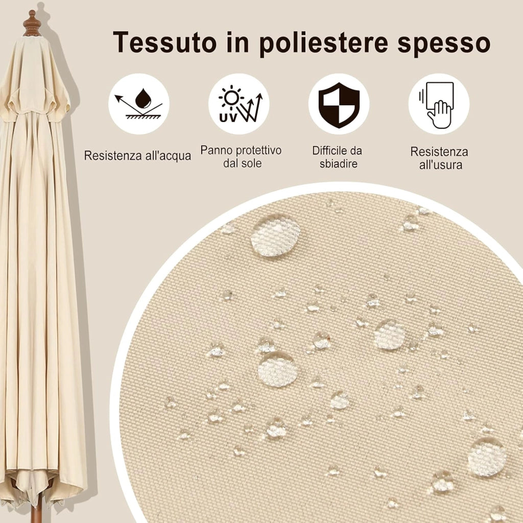Ombrellone da Giardino 270 cm/300 cm, con Inclinazione Regolabile, 8 Stecche, Struttura di Legno a Carrucola, per Giardino Cortile Piscina (3 m)