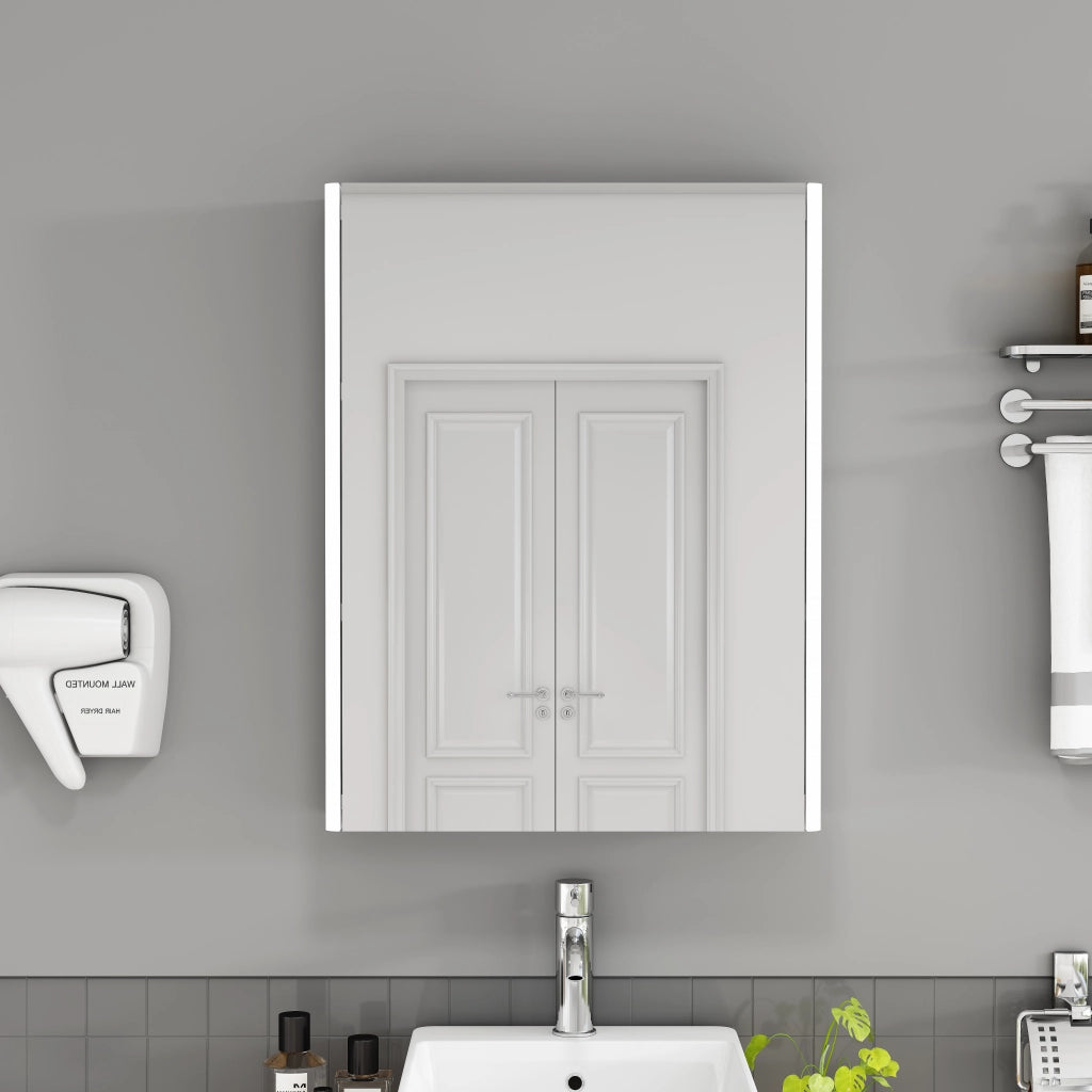 Mobiletto a specchio da 50 cm a parete, mobiletto a specchio da bagno con 1 anta, bianco, preassemblato senza necessit¨¤ di montaggio, luci LED a