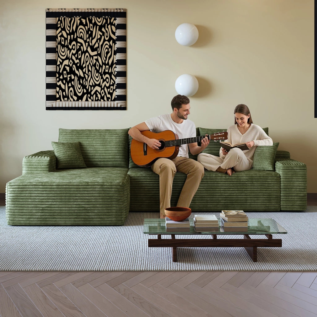 Divano ad angolo modulare con chaise longue a L e schiuma elastica, senza montaggio, in tessuto a coste verde 270 cm