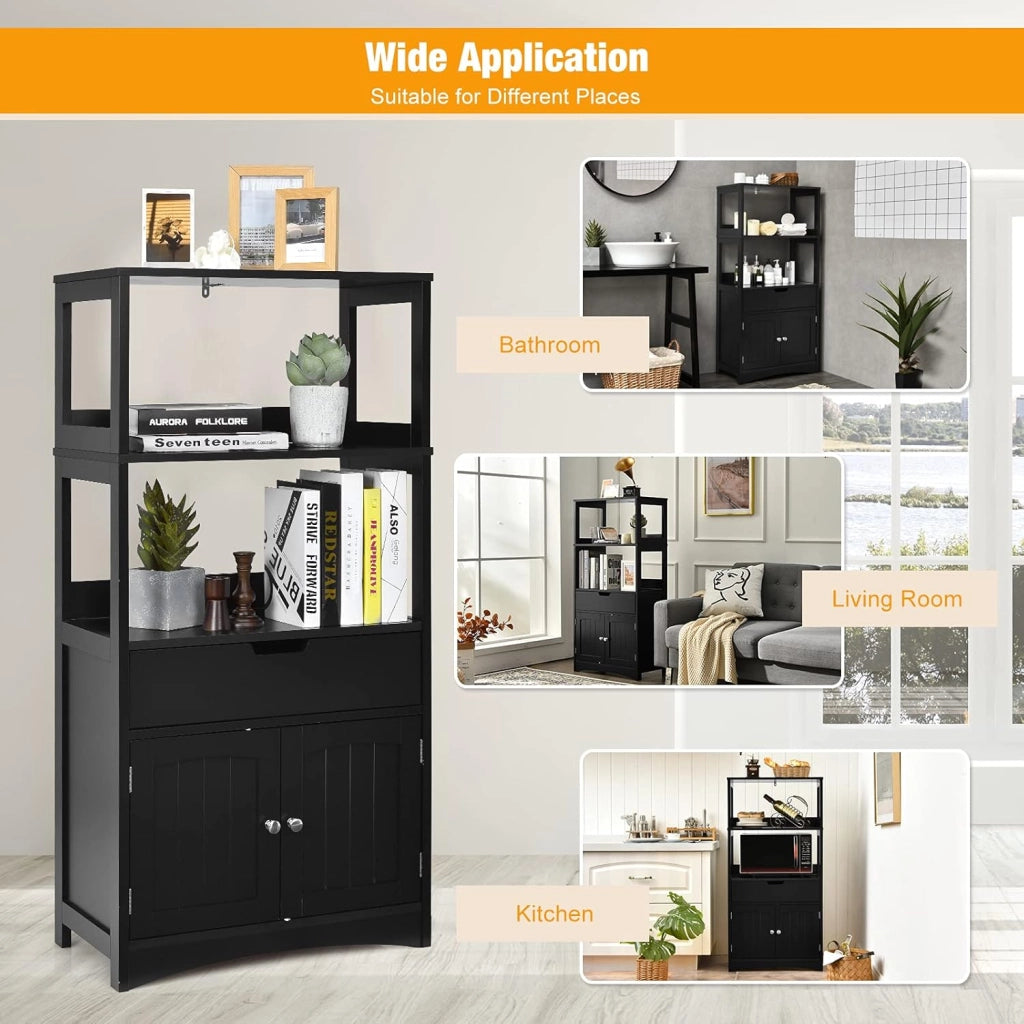 Armadio da bagno con cassetto, armadio alto con 2 ripiani aperti, ripiano multiuso per microonde, 60 x 32,5 x 122 cm (nero)