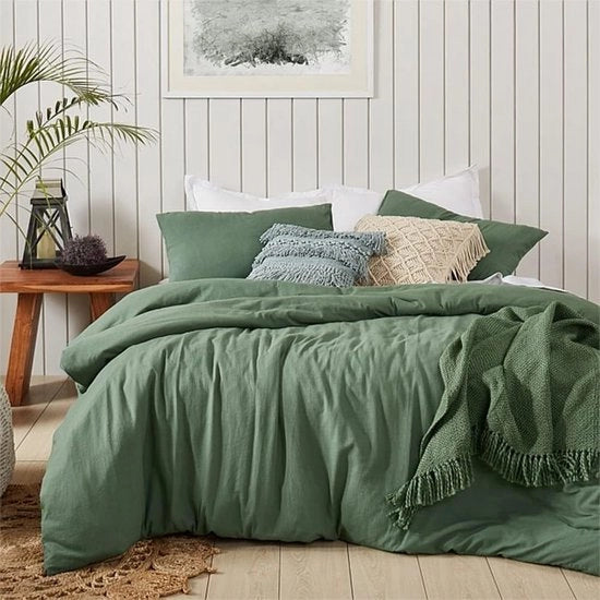 Set di lenzuola di cotone 155 x 220 cm - Verde scuro uniforme - Copriletto e 1 cuscino con chiusura a righello 80 x 80 cm