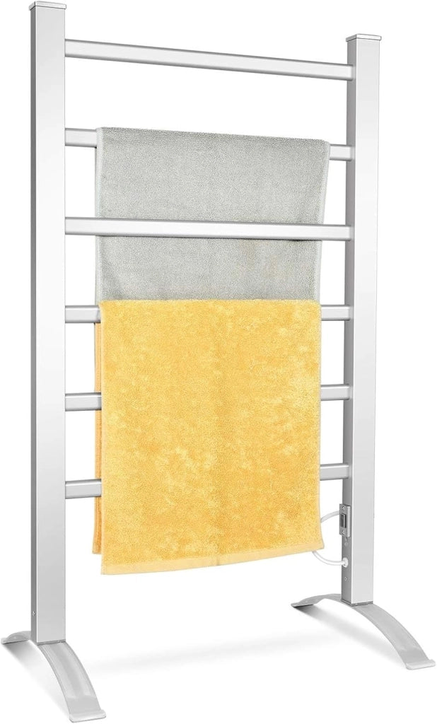 GIANTEX Radiatore Asciugamani Elettrico Bagno, Porta Asciugamani 100W Riscaldato, 2 in 1, Asciugamani su Piede e Parete in Alluminio con 6 Barre, 45-50°C, Argento
