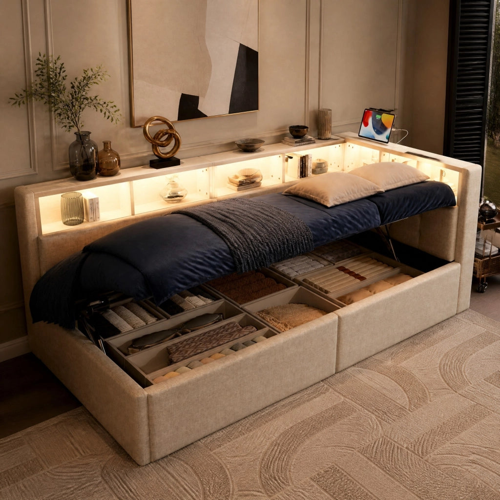 Letto daybed con LED, USB e vani contenitori