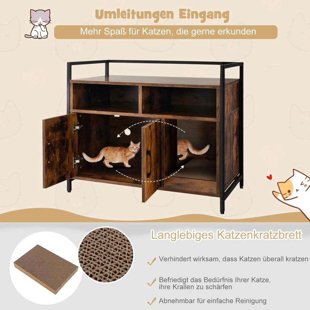 Mobile Lettiera per Gatti con 3 Ripiani Aperti e 2 Ante, Armadietto per Gatto in Legno, Grotta Rifugio con Grattatoio in Cartone Multiuso per Ingresso e Soggiorno (Marrone, 89 x 45 x 74,5 cm)