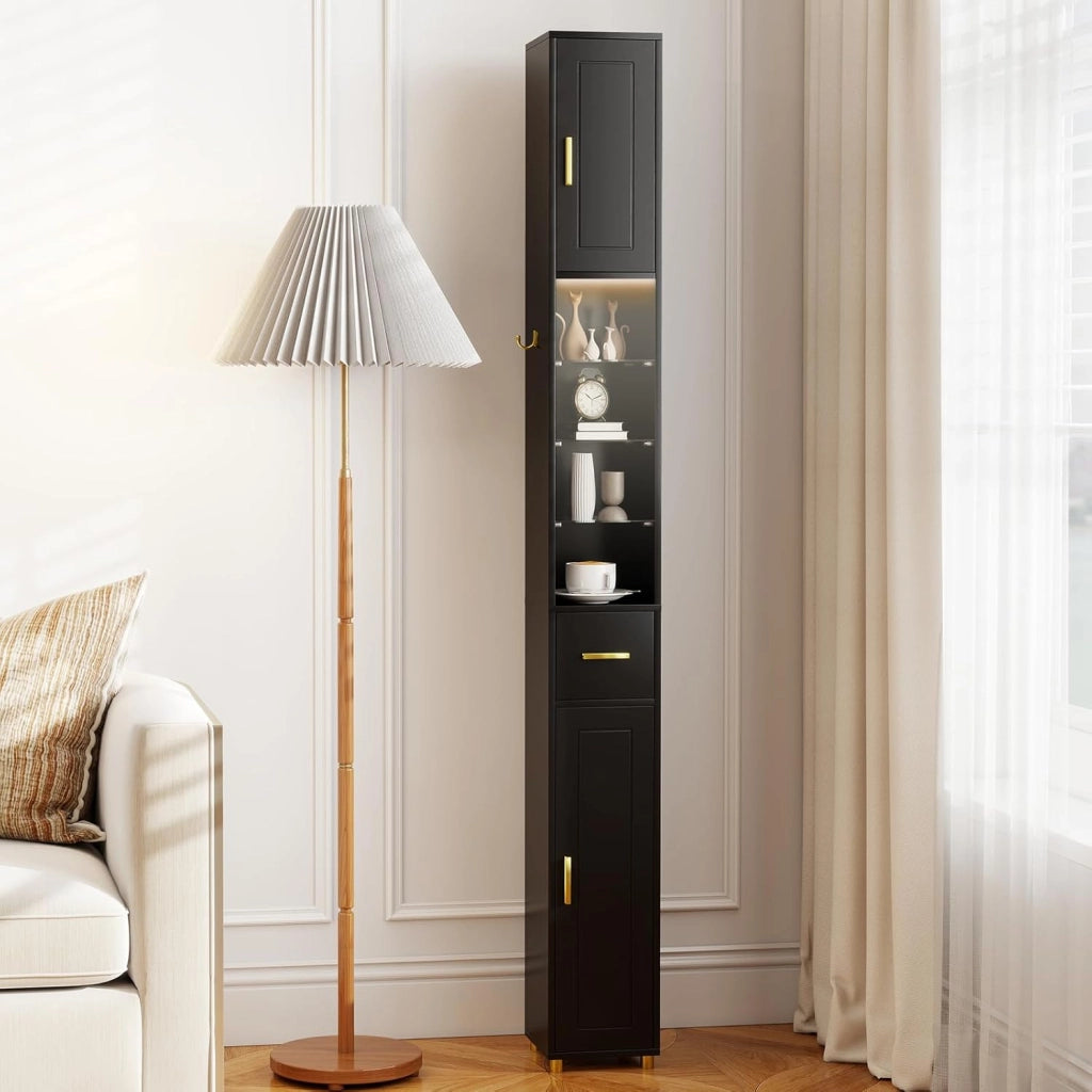 Mobile Bagno Salvaspazio con Luce, Colonna Bagno con Scomparti Aperti in Vetro, Ripiani Regolabili, 1 Cassetto e 1 Gancio Laterale per Spazi Ridotti 20 x 20 x 181 cm (4 Ripiani con Luce, Nero)