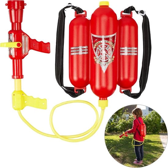 Waterpistolo Brandweer - Zaino per gettare acqua - Giocare all'aperto - Due stazioni - Serbatoio da 25 litri - Colore rosso giallo