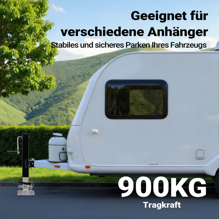 Piede stabilizzatore per rimorchi roulotte, max 900 kg, regolabile in altezza con manovella, con pedale e perno di sicurezza