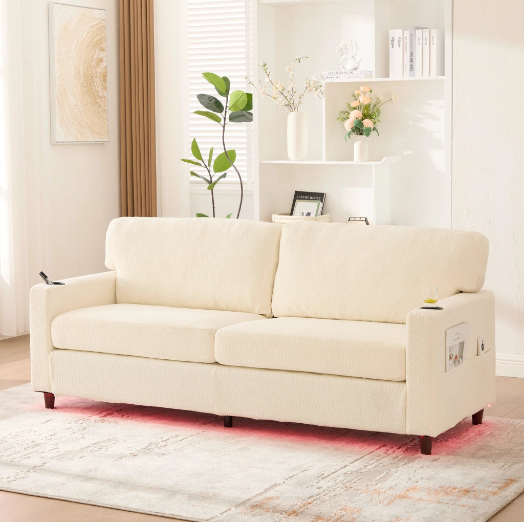 Divano a 2 posti in chenille beige con USB-C; luci LED; portabicchieri e tasche laterali 203 cm