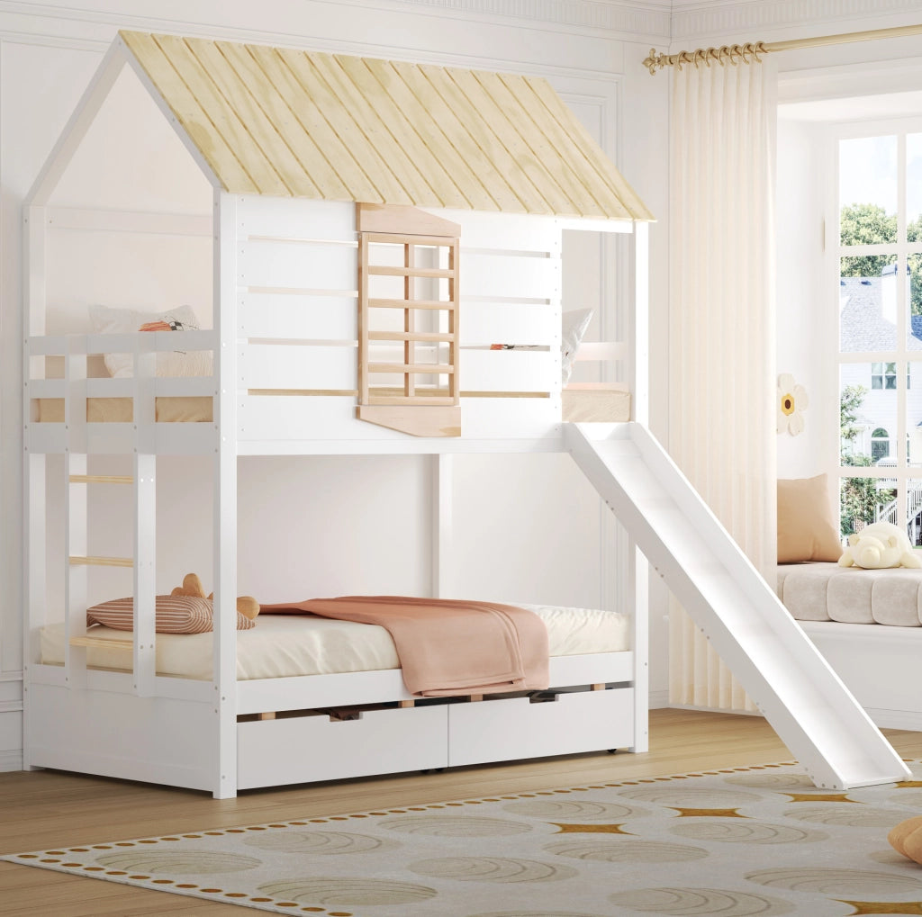 Letto a castello a casetta 90 x 200 cm con scivolo e 2 cassetti; bianco e naturale