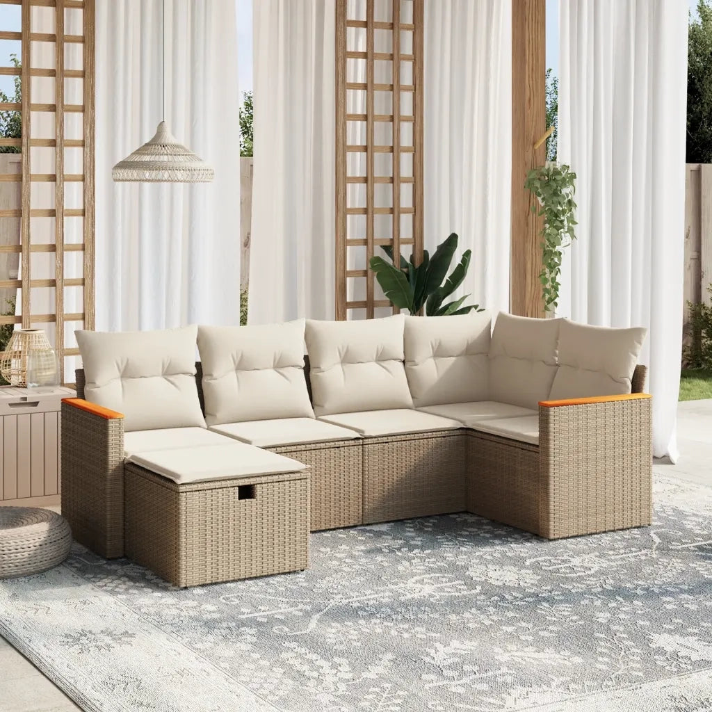 Set Divano da Giardino 6 pz con Cuscini Beige in Polyrattan