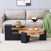 Tavolino da caffè rotondo a due livelli in MDF e vetro; nero e effetto legno; set 61 cm e 44 cm