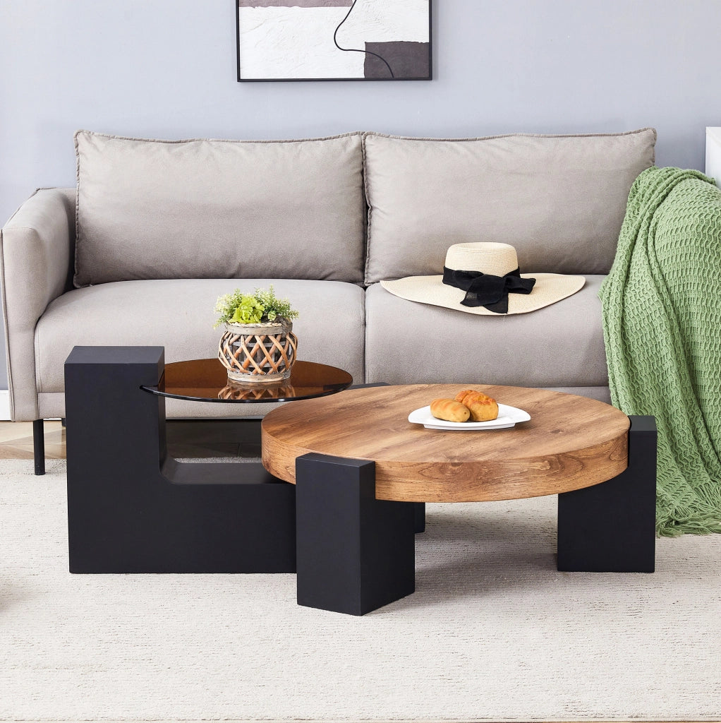 Tavolino da caffè rotondo a due livelli in MDF e vetro; nero e effetto legno; set 61 cm e 44 cm