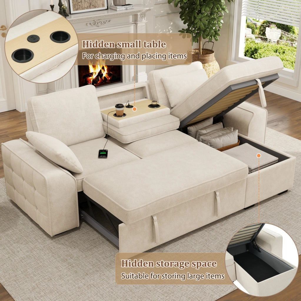 Divano angolare 3 posti 237x141x86 cm in ciniglia beige con contenitore; tavolino e USB