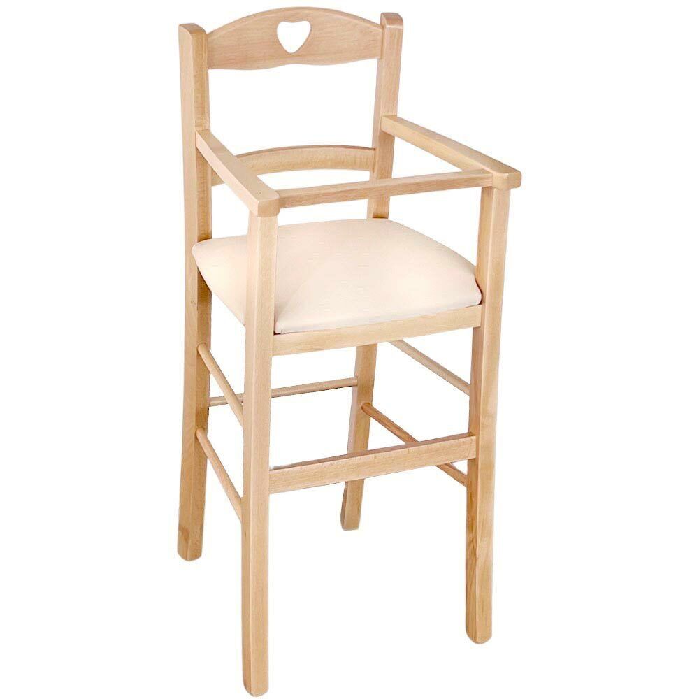 Seggiolone in legno naturale con seduta imbottita in similpelle beige/crema