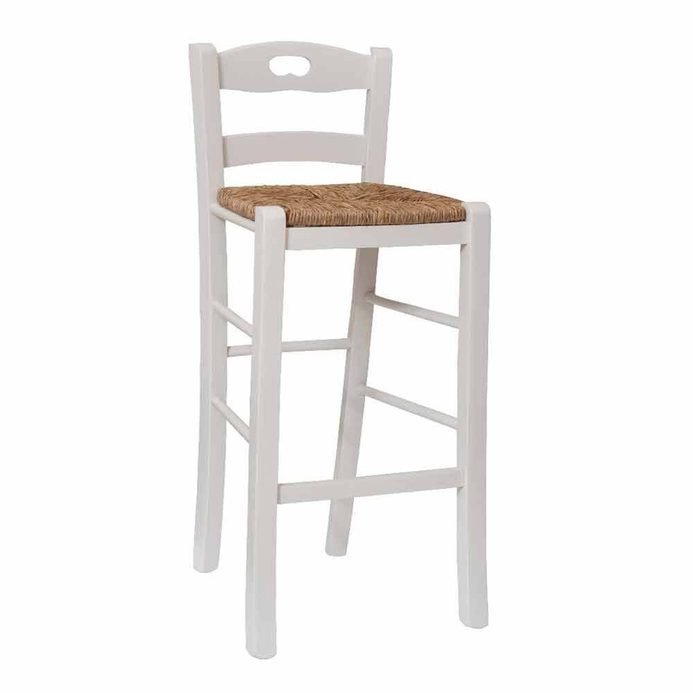 Sgabello snack bianco con schienale altezza 67 cm con manico seduta in paglia