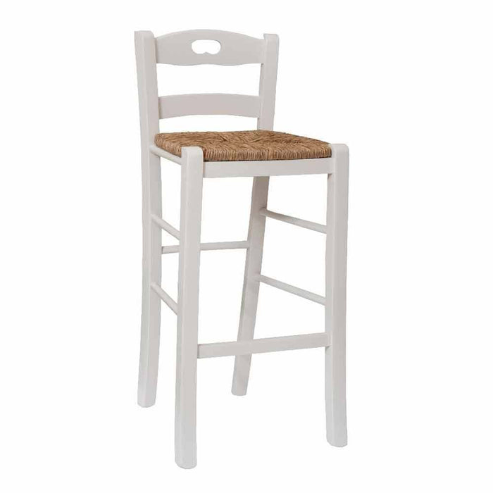 Sgabello snack bianco con schienale altezza 67 cm con manico seduta in paglia