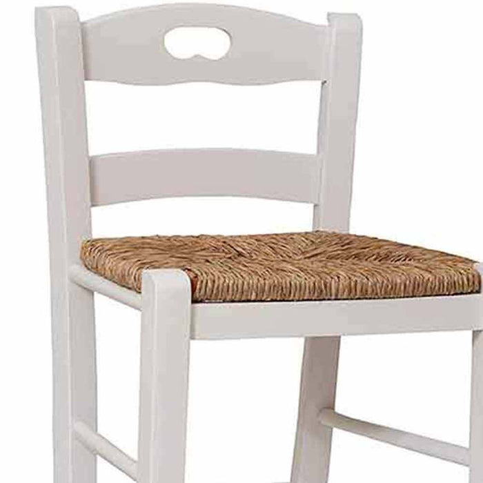 Sgabello snack bianco con schienale altezza 67 cm con manico seduta in paglia