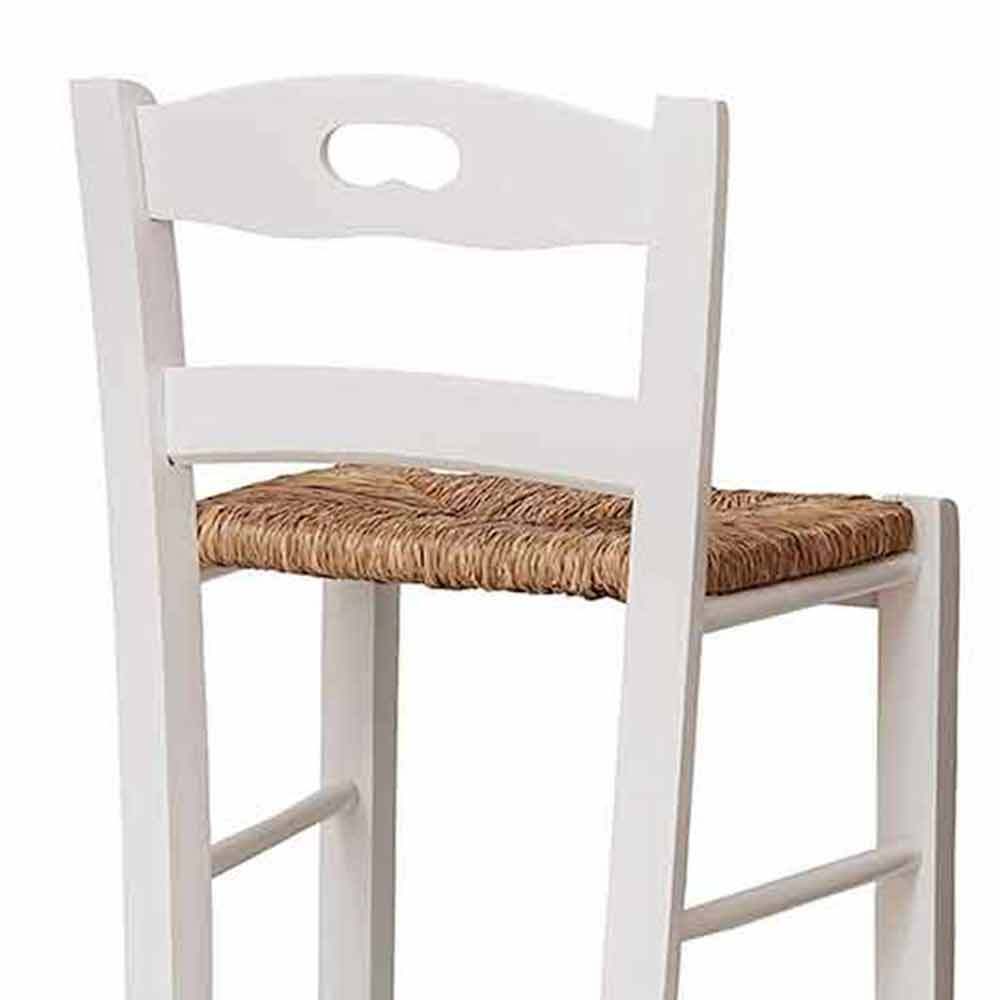 Sgabello snack bianco con schienale altezza 67 cm con manico seduta in paglia