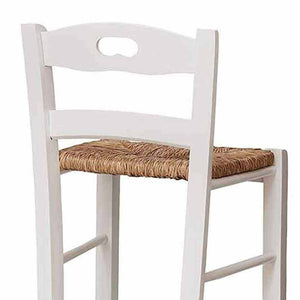 Sgabello snack bianco con schienale altezza 67 cm con manico seduta in paglia