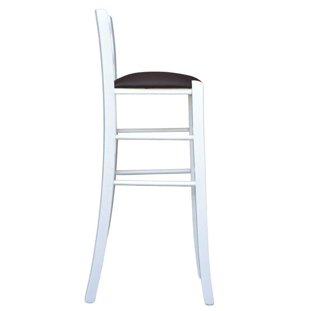 Sgabello in legno bianco laccato con seduta similpelle marrone h 80 cm