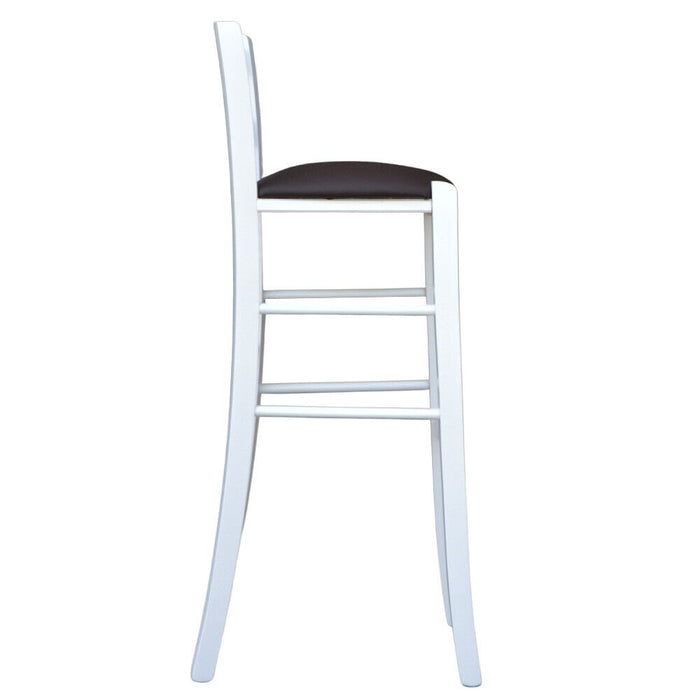 Sgabello in legno bianco laccato con seduta similpelle marrone h 80 cm