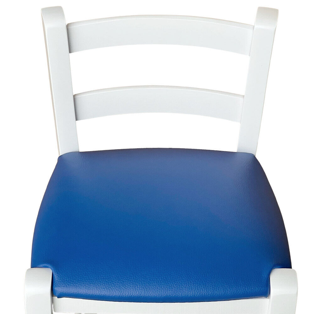 Sgabello in legno bianco laccato con seduta similpelle blu h 80 cm