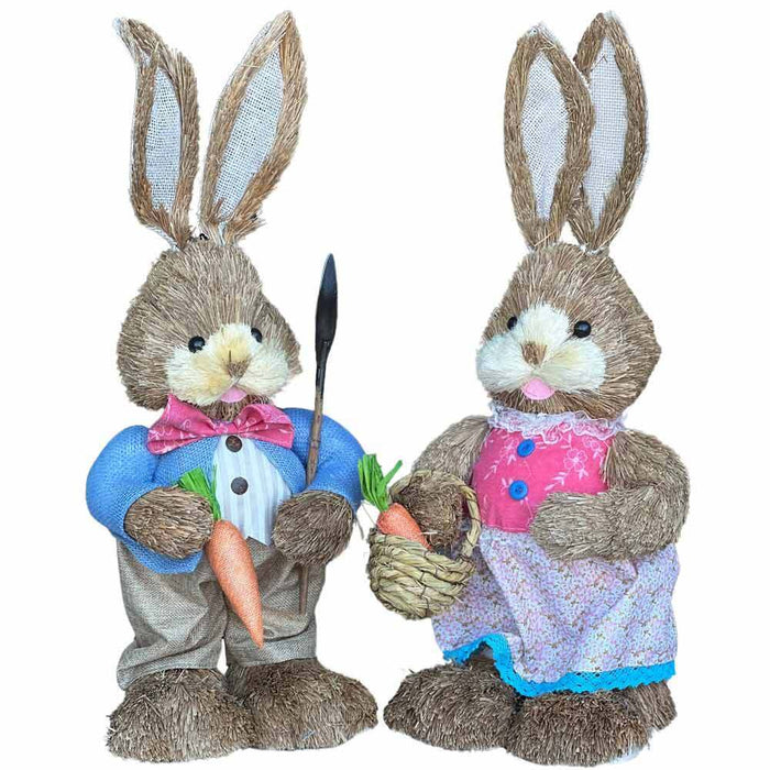 Conigli pasquali coppia rabbit in paglia rafia alti 60 cm