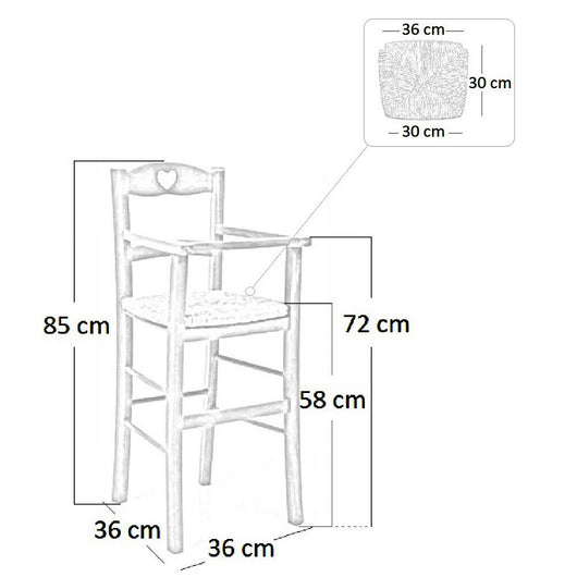 Seggiolone in legno naturale con schienale a cuore e seduta in paglia palustre