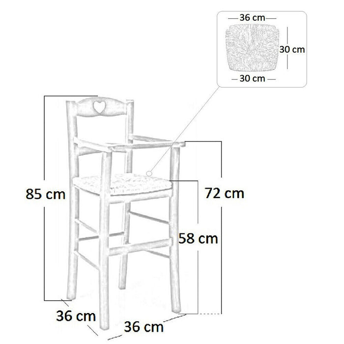 Seggiolone in legno naturale con schienale a cuore e seduta in paglia palustre
