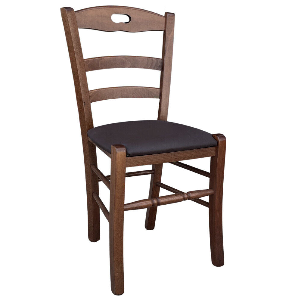 Sedia in legno Loris noce scuro con seduta imbottita in similpelle color marrone