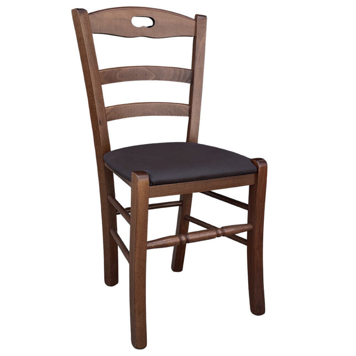 Sedia in legno Loris noce scuro con seduta imbottita in similpelle color marrone