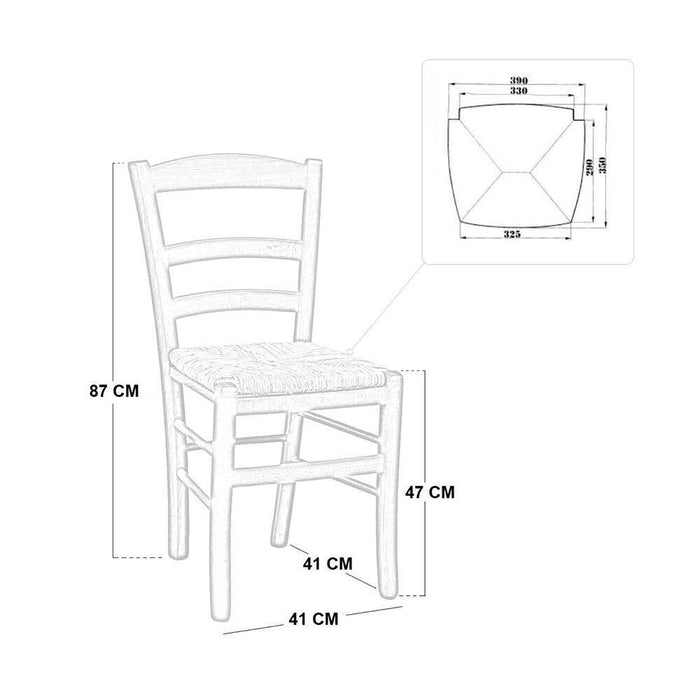 Sedia da sala da pranzo in legno paesana da dipingere con sedile in paglia