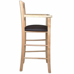 Seggiolone in legno naturale con seduta imbottita in similpelle marrone