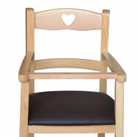 Seggiolone in legno naturale con seduta imbottita in similpelle marrone