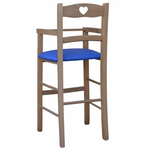 Seggiolone in legno noce chiaro con seduta imbottita in similpelle blu