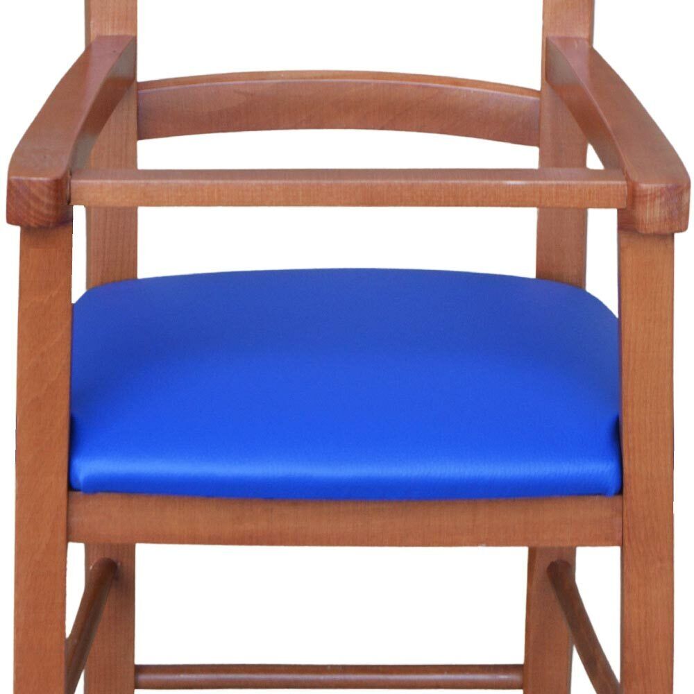 Seggiolone in legno ciliegio con seduta imbottita in similpelle blu