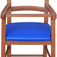 Seggiolone in legno ciliegio con seduta imbottita in similpelle blu