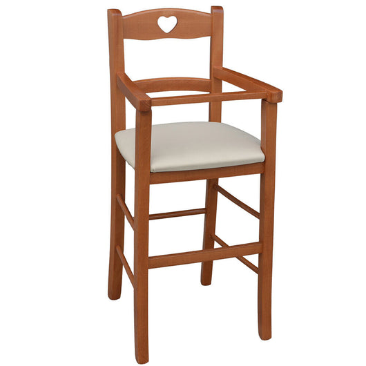 Seggiolone in legno ciliegio con seduta imbottita in similpelle beige/crema
