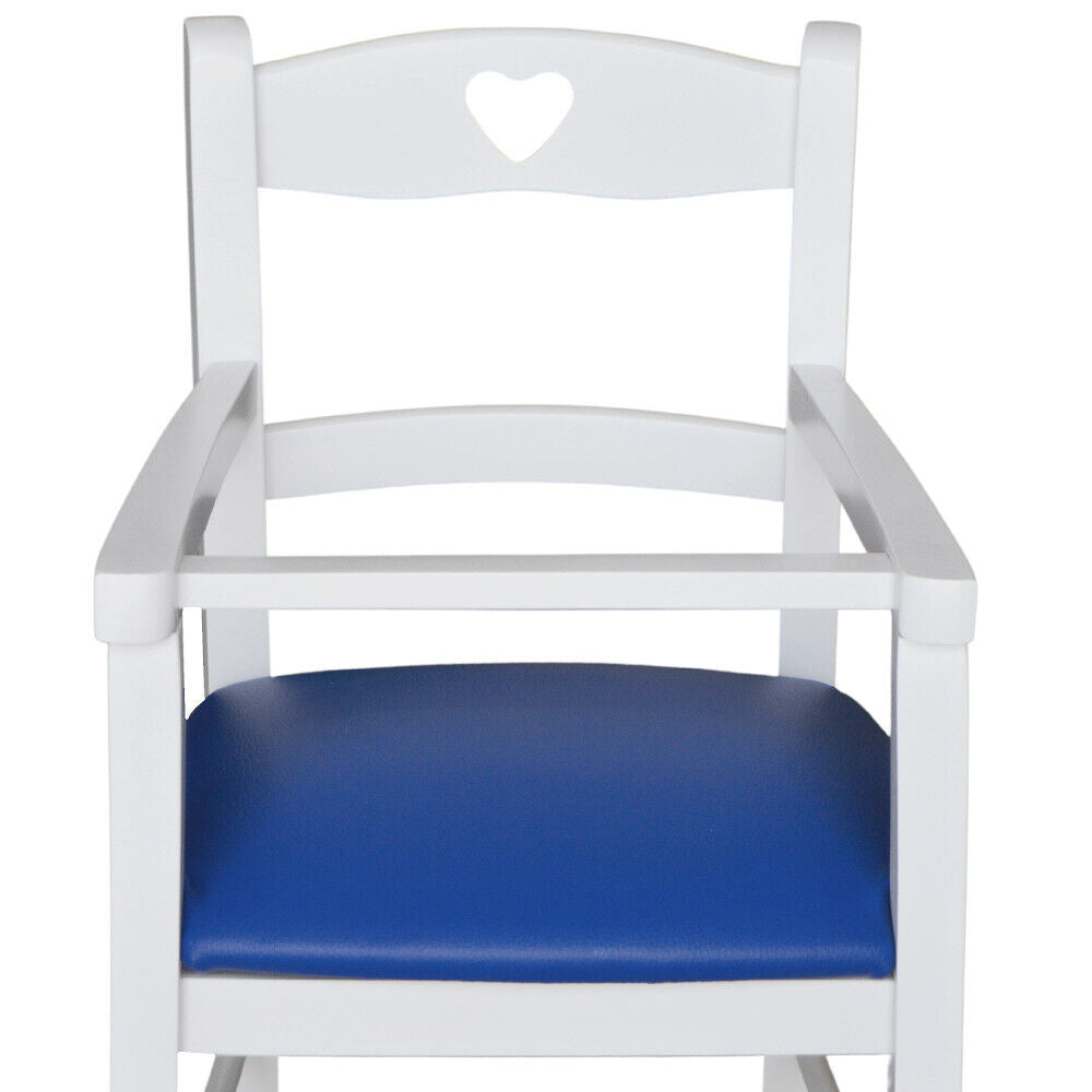 Seggiolone in legno bianco con seduta imbottita in similpelle blu