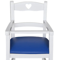 Seggiolone in legno bianco con seduta imbottita in similpelle blu