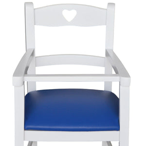 Seggiolone in legno bianco con seduta imbottita in similpelle blu