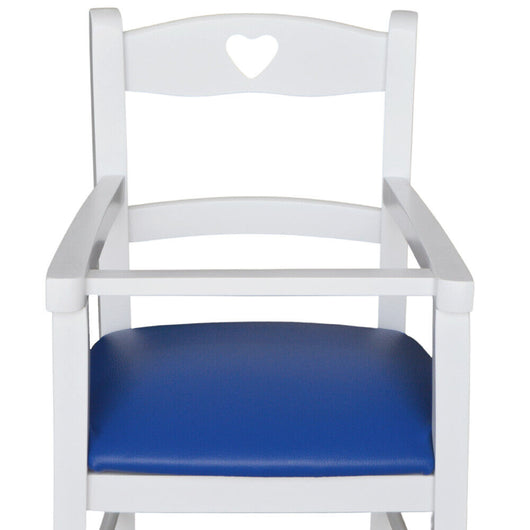 Seggiolone in legno bianco con seduta imbottita in similpelle blu